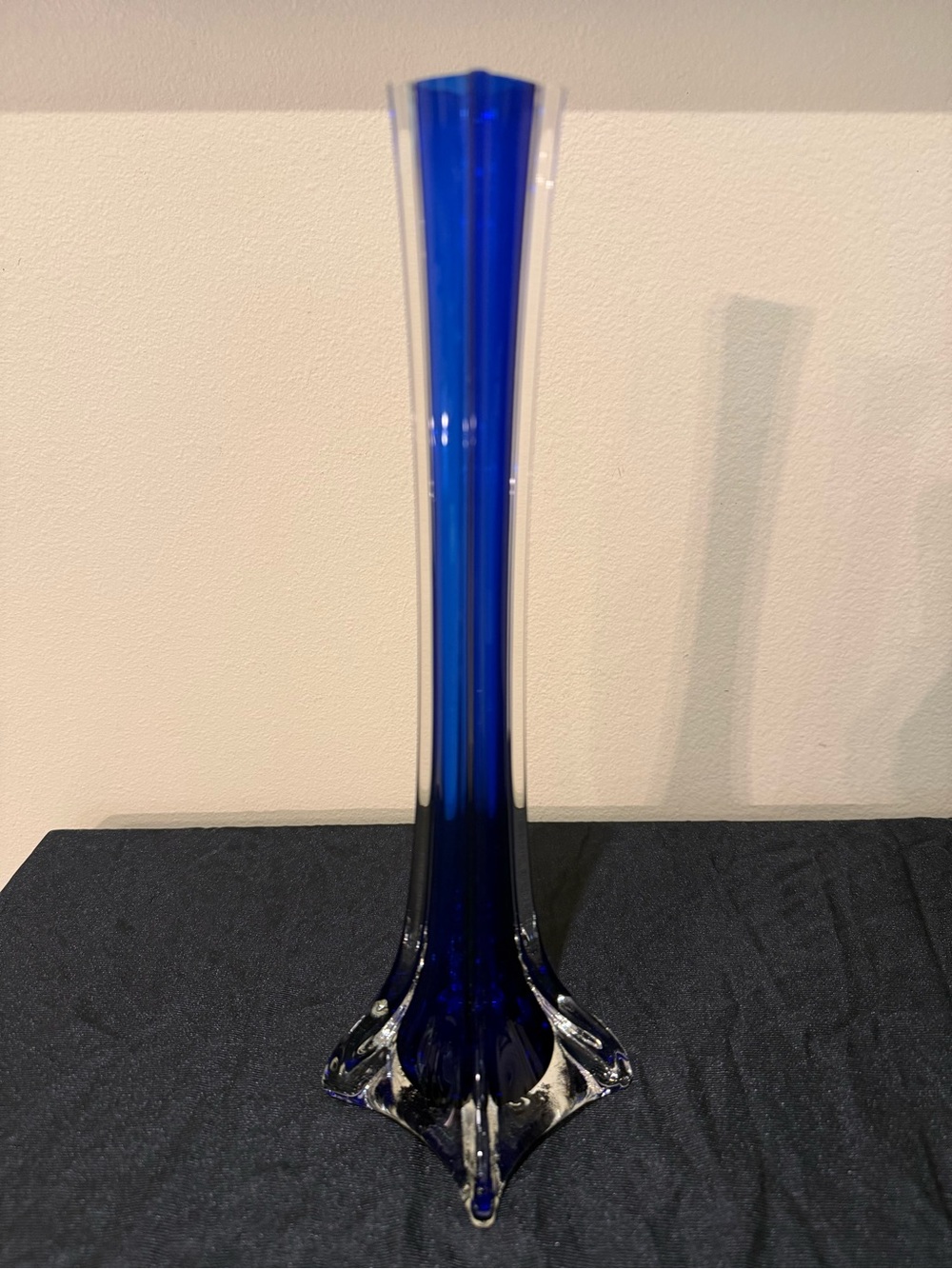 Vintage Cobalt Blue Art Glass Bud Vase | Square Clear Base | 11.75" Tall